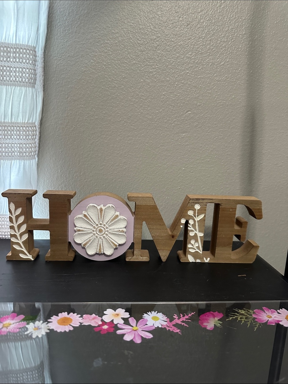 “Home” plaque with white and lilac accents. Like new.